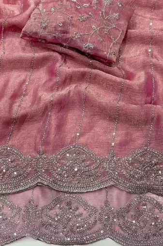 Pink color sequence embroidery work with cut work border chiffon silk saree