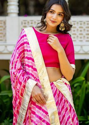 Pink Lace Work Viscose Georgette Lehenga Blouse Duppatta Set 2