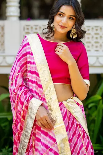 Pink Lace Work Viscose Georgette Lehenga Blouse Duppatta Set