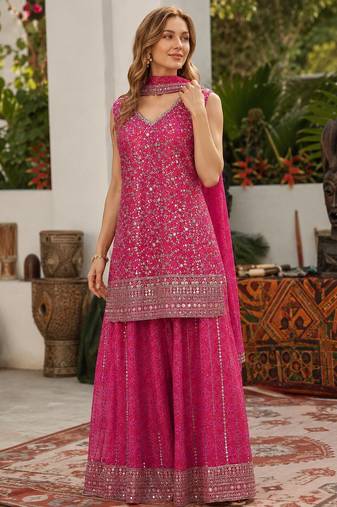 Rani pink faux georgette semi stitched suit with embroidery  & sequence work