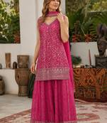 Rani pink faux georgette semi stitched suit with embroidery  & sequence work