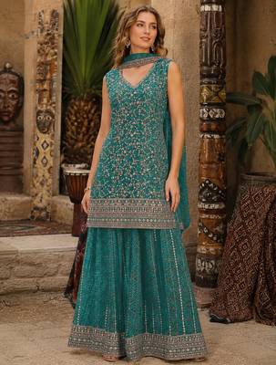 Blue faux georgette semi stitched suit with embroidery  & sequence work 1