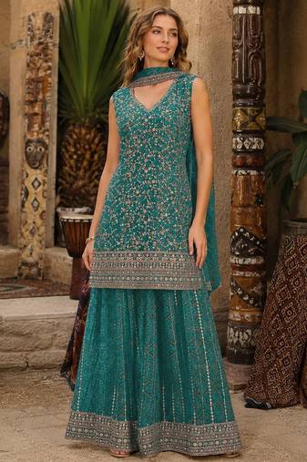 Blue faux georgette semi stitched suit with embroidery  & sequence work