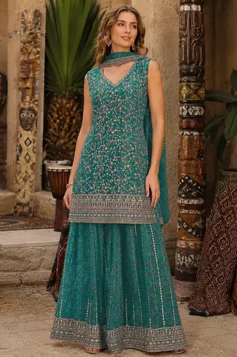Blue faux georgette semi stitched suit with embroidery  & sequence work