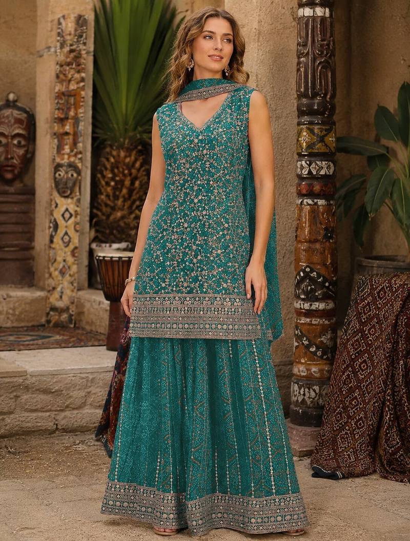 Blue faux georgette semi stitched suit with embroidery  & sequence work
