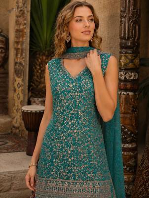 Blue faux georgette semi stitched suit with embroidery  & sequence work 2