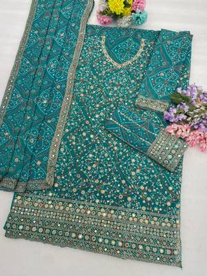 Blue faux georgette semi stitched suit with embroidery  & sequence work 3