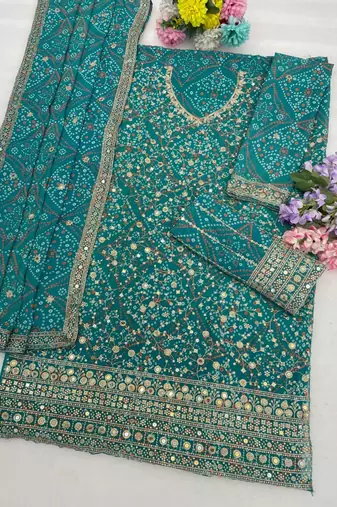 Blue faux georgette semi stitched suit with embroidery  & sequence work