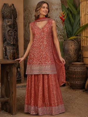 Orange faux georgette semi stitched suit with embroidery  & sequence work 1