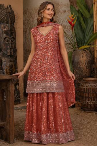Orange faux georgette semi stitched suit with embroidery  & sequence work