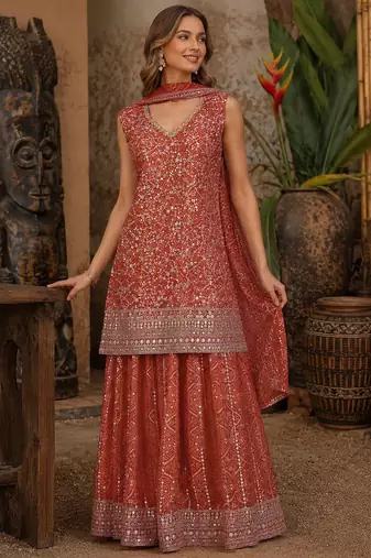 Orange faux georgette semi stitched suit with embroidery  & sequence work