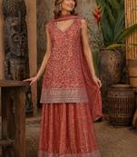 Orange faux georgette semi stitched suit with embroidery  & sequence work