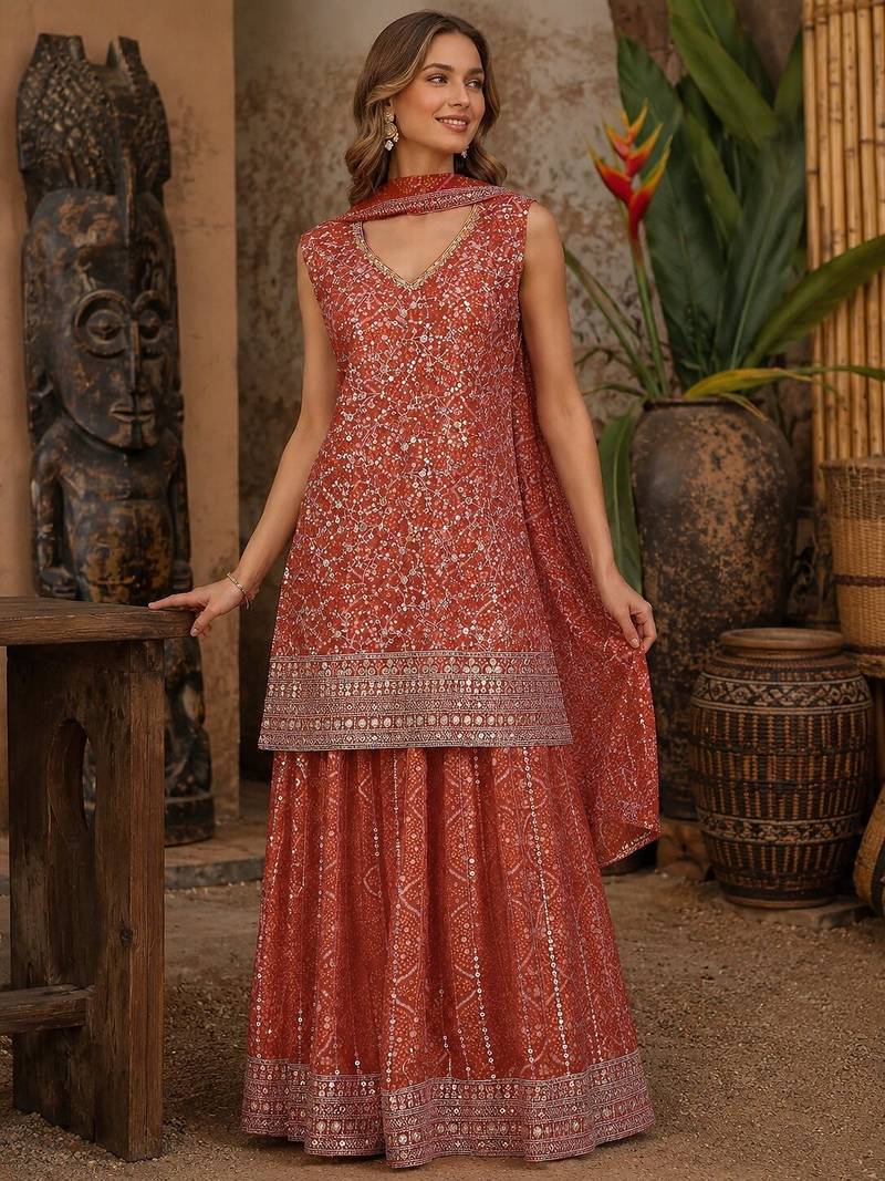 Orange faux georgette semi stitched suit with embroidery  & sequence work