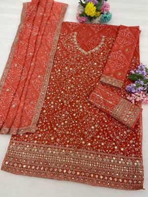 Orange faux georgette semi stitched suit with embroidery  & sequence work 3