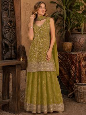 Mustard faux georgette semi stitched suit with embroidery  & sequence work 1
