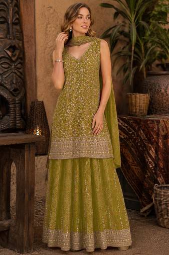 Mustard faux georgette semi stitched suit with embroidery  & sequence work