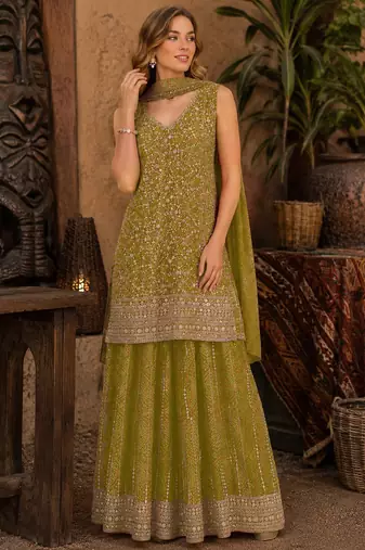 Mustard faux georgette semi stitched suit with embroidery  & sequence work