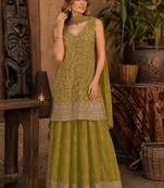 Mustard faux georgette semi stitched suit with embroidery  & sequence work