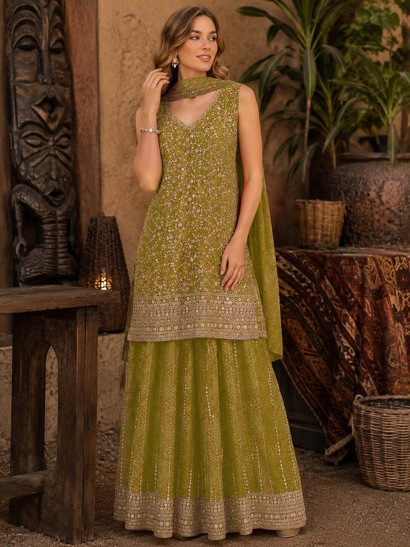 Mustard faux georgette semi stitched suit with embroidery  & sequence work
