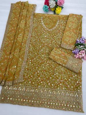 Mustard faux georgette semi stitched suit with embroidery  & sequence work 3