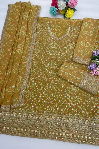 Mustard faux georgette semi stitched suit with embroidery  & sequence work