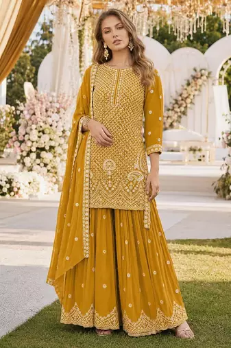 Yellow georgette semi stitched suit with embroidery beads & sequence work