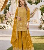 Yellow georgette semi stitched suit with embroidery beads & sequence work