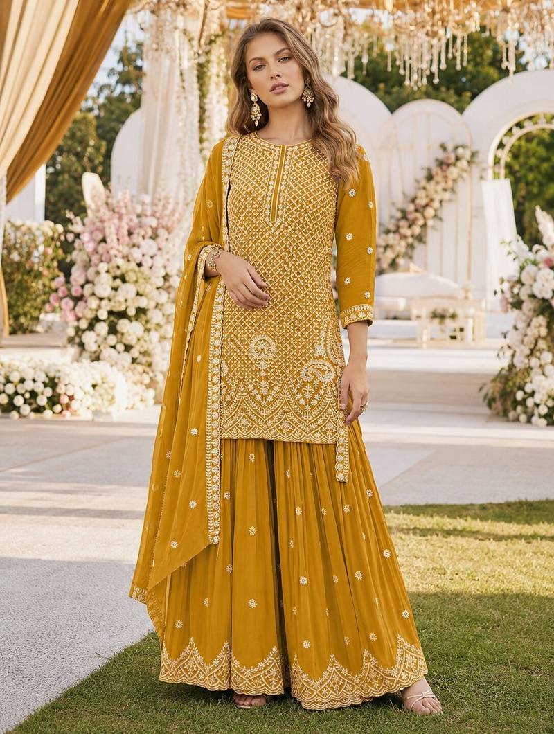 Yellow georgette semi stitched suit with embroidery beads & sequence work