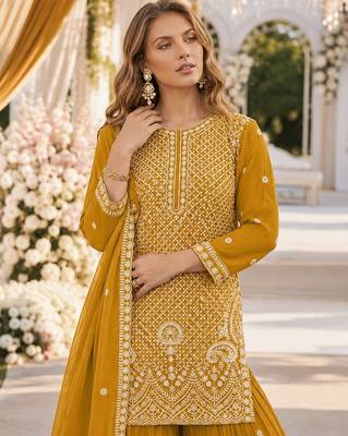 Yellow georgette semi stitched suit with embroidery beads & sequin work 2