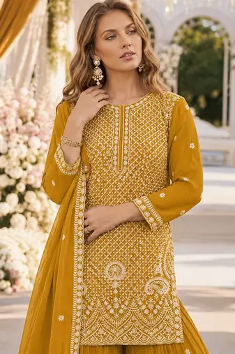 Yellow georgette semi stitched suit with embroidery beads & sequence work