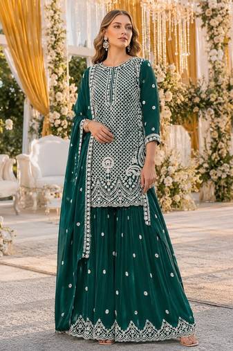 D green georgette semi stitched suit with embroidery beads & sequence work