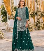 D green georgette semi stitched suit with embroidery beads & sequence work