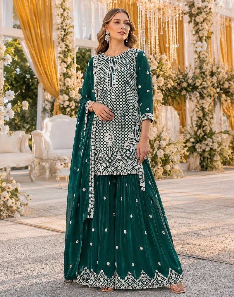 D green georgette semi stitched suit with embroidery beads & sequence work
