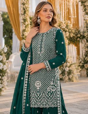 D green georgette semi stitched suit with embroidery beads & sequin work 2