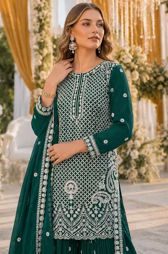 D green georgette semi stitched suit with embroidery beads & sequence work