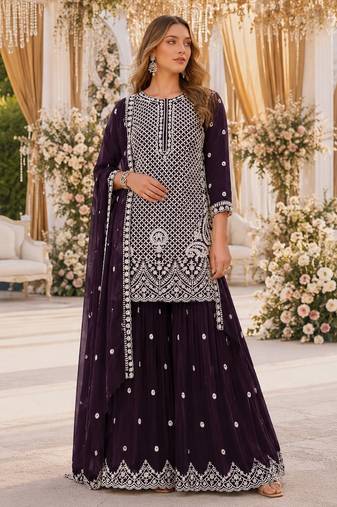 D purple georgette semi stitched suit with embroidery beads & sequence work