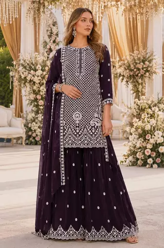 D purple georgette semi stitched suit with embroidery beads & sequence work