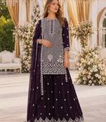 D purple georgette semi stitched suit with embroidery beads & sequence work