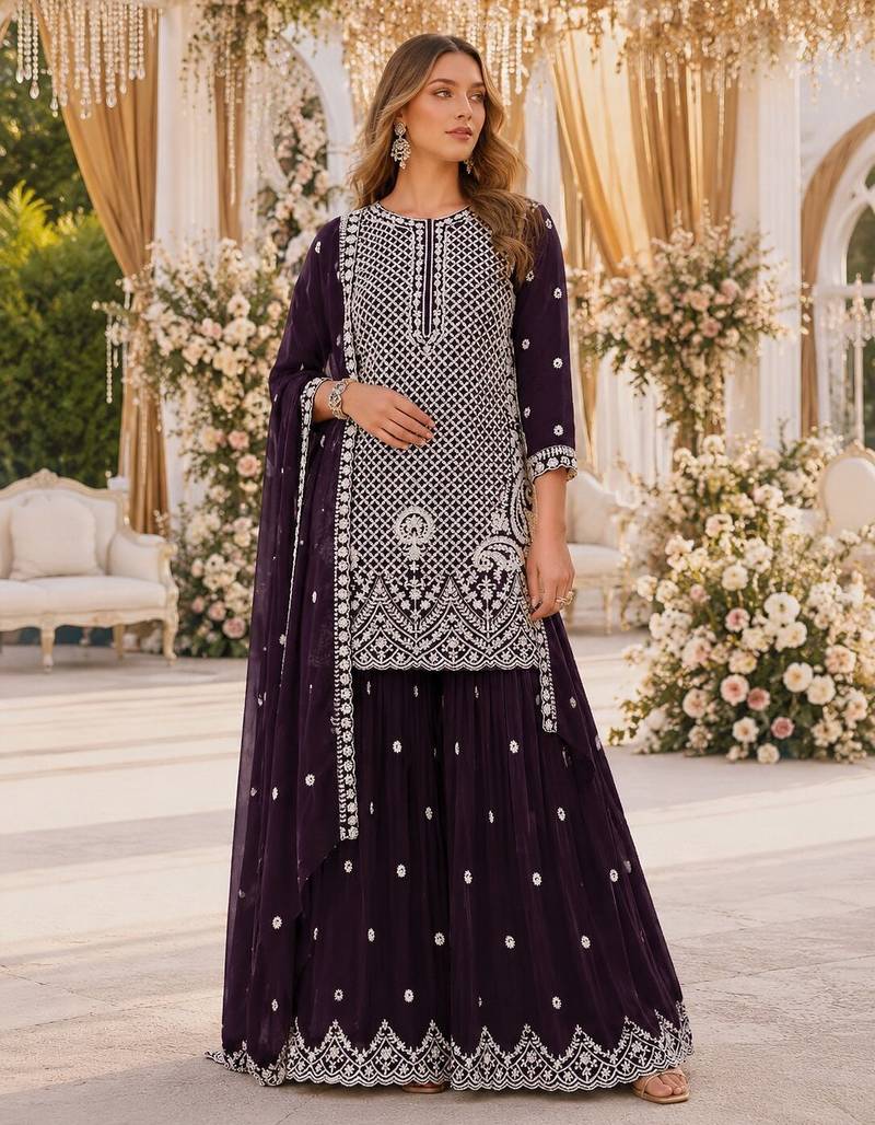 D purple georgette semi stitched suit with embroidery beads & sequence work