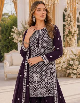 D purple georgette semi stitched suit with embroidery beads & sequin work 2