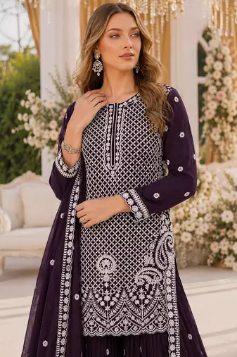 D purple georgette semi stitched suit with embroidery beads & sequence work