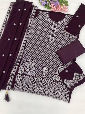 D purple georgette semi stitched suit with embroidery beads & sequin work 3