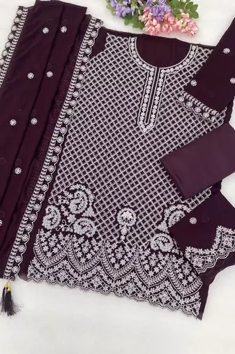 D purple georgette semi stitched suit with embroidery beads & sequence work