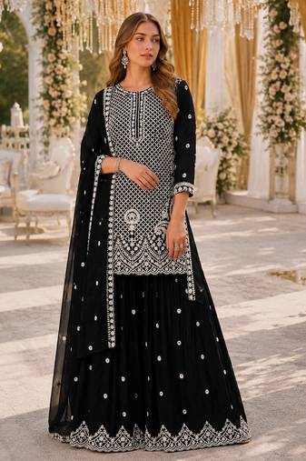 Black georgette semi stitched suit with embroidery beads & sequence work