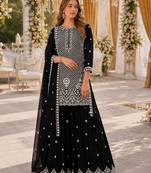 Black georgette semi stitched suit with embroidery beads & sequence work