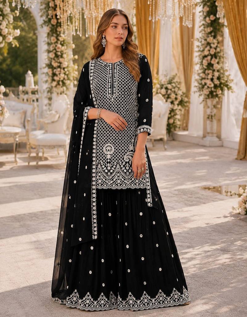Black georgette semi stitched suit with embroidery beads & sequence work