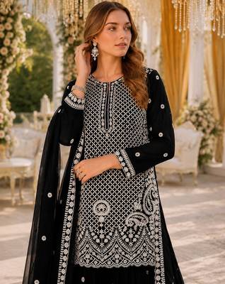 Black georgette semi stitched suit with embroidery beads & sequin work 2