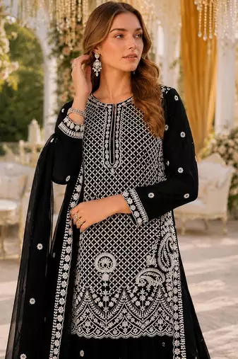Black georgette semi stitched suit with embroidery beads & sequence work