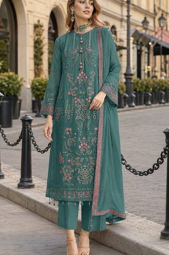 Green fox georgette semi stitched suit with embroidered sequence work