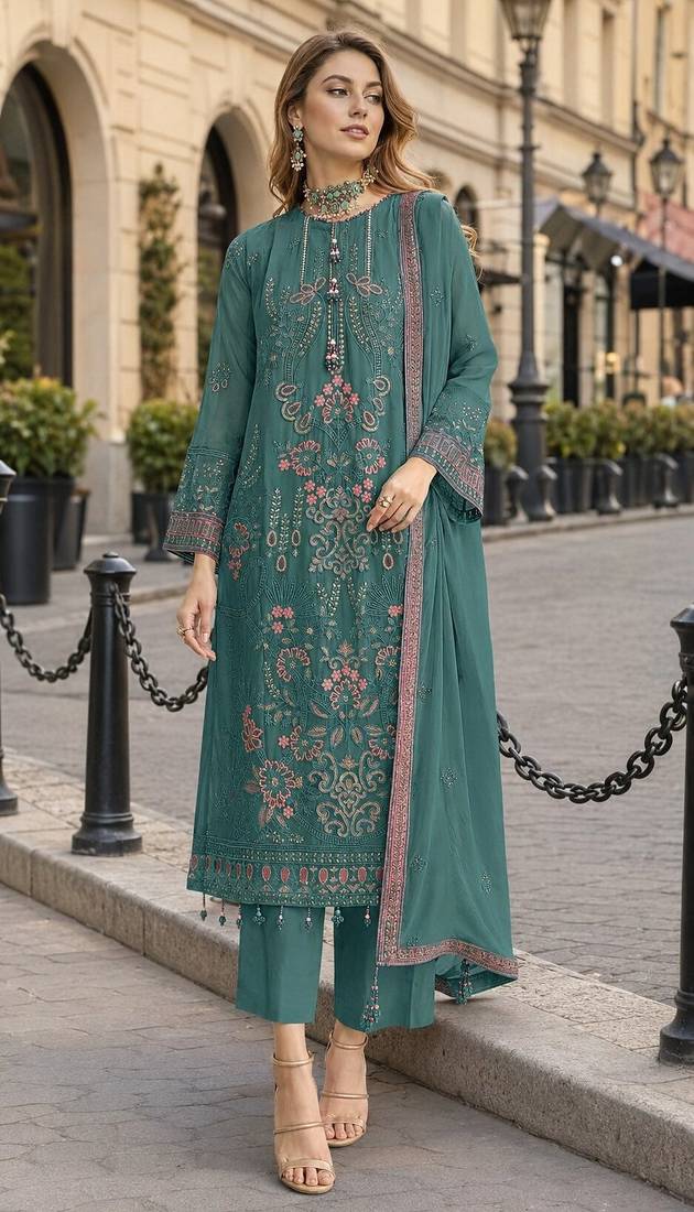 Green fox georgette semi stitched suit with embroidered sequence work